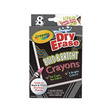 Washable Dry Erase Crayons with Built-In Sharpener and E-Z Erase Cloth, Large Size, 0.44 x 4, 8 Assorted Bright Colors, 8/Box