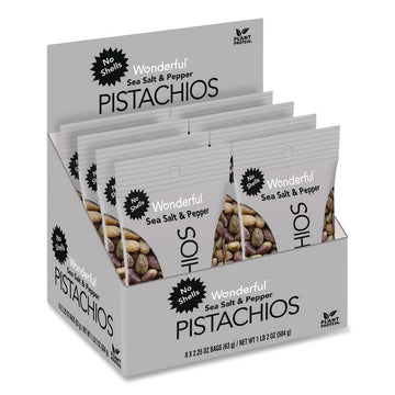 No Shells Sea Salt and Pepper Pistachios, 2.25 oz Pack, 8/Box