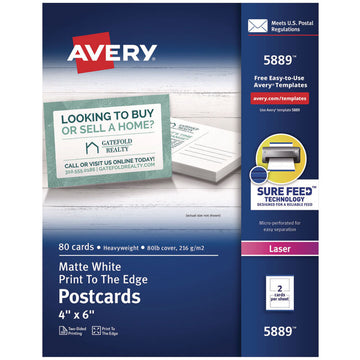 Printable Postcards, Laser, 80 lb, 4 x 6, Matte White, 80 Cards, 2 Cards/Sheet, 40 Sheets/Box