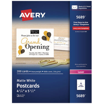 Printable Postcards, Laser, 80 lb, 4.25 x 5.5, Matte White, 200 Cards, 4 Cards/Sheet, 50 Sheets/Box