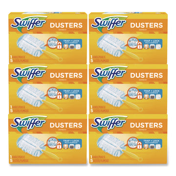 Dusters Starter Kit, Dust Lock Fiber, 6" Handle with Five Refill Dusters, Blue/Yellow, 6/Carton