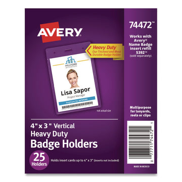 Secure Top Heavy-Duty Badge Holders, Vertical, 3w x 4h, Clear, 25/Pack