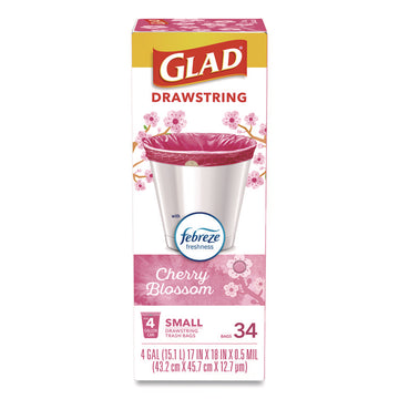OdorShield Small Drawstring Trash Bags, 4 gal, Cherry Blossom Scent, 0.5 mil, 18" x 17", Pink, 34/Box