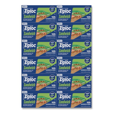 Resealable Sandwich Bags, 6.5" x 5.88", Clear, 105 Bags/Box, 12 Boxes/Carton