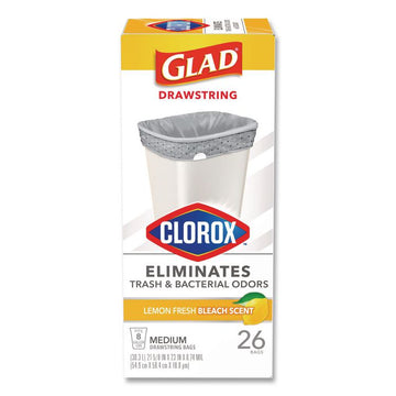 Medium Drawstring Trash Bags with Clorox, 8 gal, Lemon Fresh Bleach Scent, 0.74 mil, 23" x 21.63", Gray, 26/Box