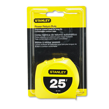Power Return Rule Tape Measure, Plastic Case, Polymer-Coated Blade, 1" x 25 ft, Yellow