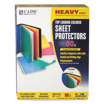 Colored Sheet Protectors, Heavy-Duty, Side: 3-Hole Punched, Top Load 8.5 x 11 Insert, Assorted Transparent Colors, 50/Box