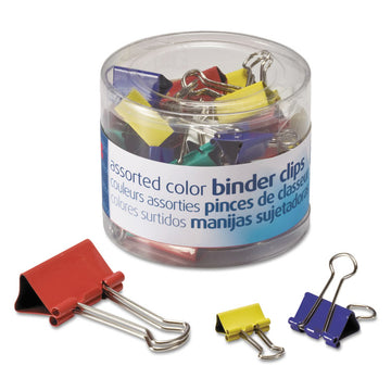 Assorted Binder Clips with Storage Tub, (12) Mini (0.5"), (12) Small (0.75"), (6) Medium (1.25"), Assorted Colors