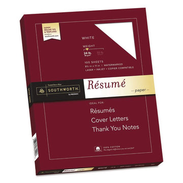 100% Cotton Resume Paper, 95 Bright, 24 lb Bond Weight, 8.5 x 11, White, 100/Pack