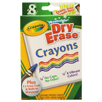 Washable Dry Erase Crayons with Built-In Sharpener and E-Z Erase Cloth, Large Size, 0.44" x 4", 8 Assorted Colors, 8/Pack
