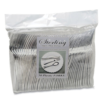Sterling Heavyweight Plastic Cutlery, Fork, Silver, 50/Pack
