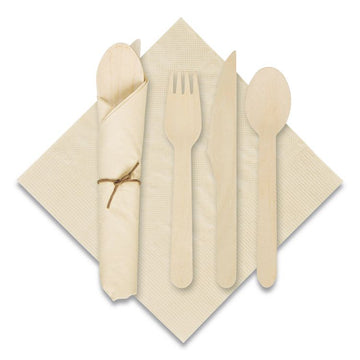 Pre-Rolled Caterwrap Kraft Napkins with Wood Cutlery, Fork/Knife/Napkin/Spoon, Plastic, Brown, 100/Carton
