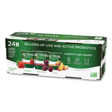 Probiotic Lowfat Yogurt, Variety Pack, Black Cherry/Peach/Strawberry, 4 oz Cups, 24/Pack