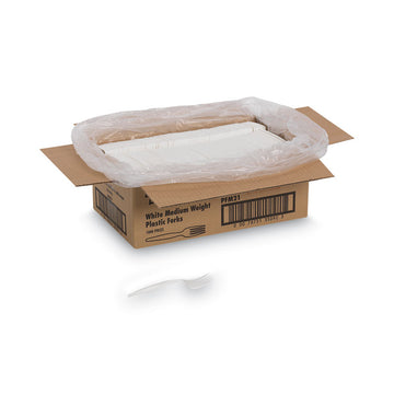 Plastic Cutlery, Mediumweight Fork, Plastic, White, 1,000/Carton