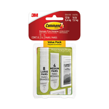 Damage-Free Hanging Picture Hanging Strip Pairs, (8) Large (0.63" x 3.63"), (4) Medium (0.5" x 2.75"), White, 12/Pack
