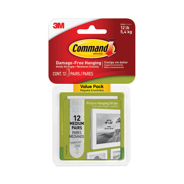 Damage-Free Hanging Picture Hanging Strip Pairs, Holds Up to 2.5 lb, Medium: 0.75" x 2.75", White, 12/Pack
