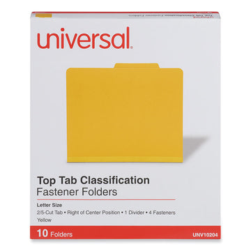 Pressboard Classification Folders, 2/5-Cut Tab, Expands 2", 1 Divider, 4 Fasteners, Letter Size, Yellow, 10/Box