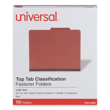 Pressboard Classification Folders, 2/5-Cut Tab: Right of Center, Expands 2", 1 Divider, 4 Fasteners, Letter Size, Red, 10/Box