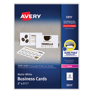 Printable Microperforated Business Cards with Sure Feed Technology, Laser, 2 x 3.5, White, 10/Sheet, 250 Sheets/Box