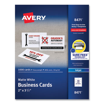 Printable Microperforated Business Cards with Sure Feed Technology, Inkjet, 2 x 3.5, White, 10/Sheet, 100 Sheets/Bx