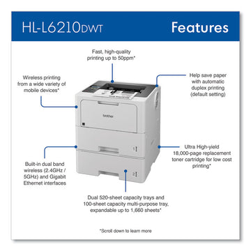 HL-L6210DWT Wireless Business Monochrome Laser Printer with Dual Paper Trays