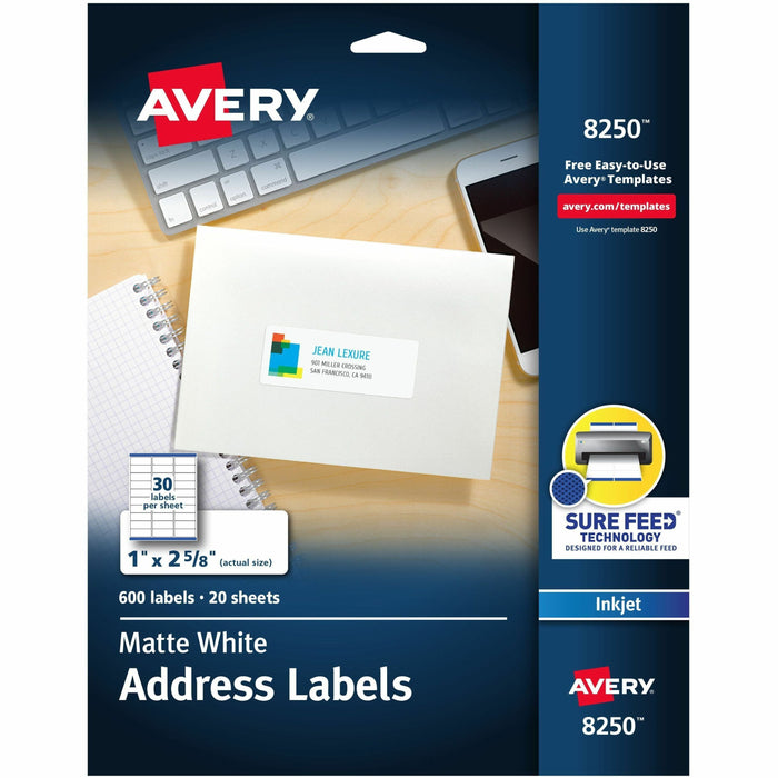 Avery® Color Printing Labels - 1" Width x 2 5/8" Length - Permanent Adhesive - Rectangle - Inkjet - White - Paper - 30 / Sheet - 20 Total Sheets - 600 Total Label(s) - 600 / Pack