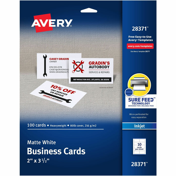Avery® Printable Business Cards with SureFeed - 97 Brightness - 8 1/2" x 11" - 80 lb Basis Weight - 216 g/m² Grammage - Matte - Perforated, Smooth Edge, Recyclable, Biodegradable, Uncoated, Printable, Anti-jam, Double-sided, Smudge-free - White - 1 Carton