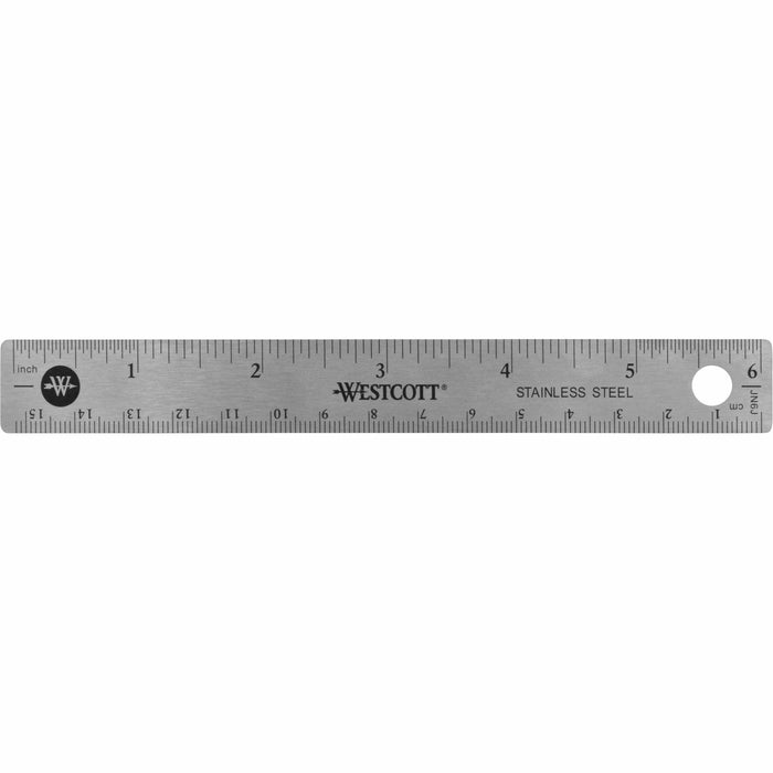 Westcott Stainless Steel Rulers - 6" Length x 0.7" Width - 1/16, 1/32 Graduations - Metric, Imperial Measuring System - Stainless Steel - Stainless Steel - 1 Each