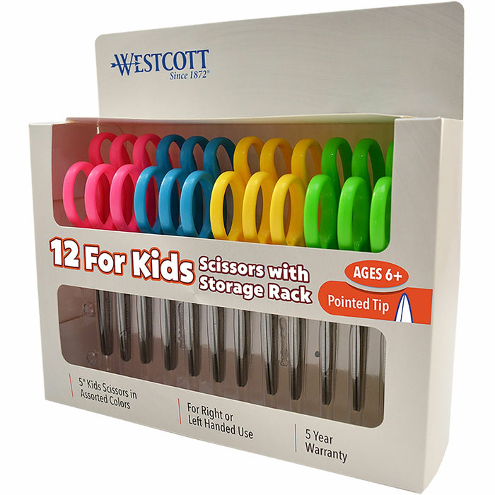 Westcott 5" Kids Pointed Tip Scissors - 1.75" Cutting Length - 5" Overall Length - Straight-left/right - Stainless Steel - Pointed Tip - Assorted - 12 / Pack
