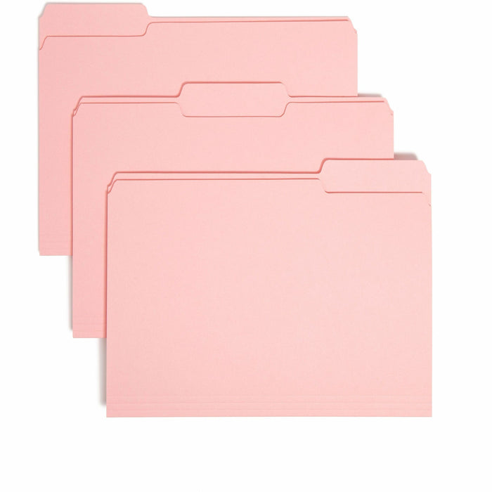 Smead 1/3 Tab Cut Letter Recycled Interior File Folder - 8 1/2" x 11" - 3/4" Expansion - Top Tab Location - Assorted Tab Position - 11 pt. - 1 Plys - Paper - Pink - 10% Recycled - 100 / Box