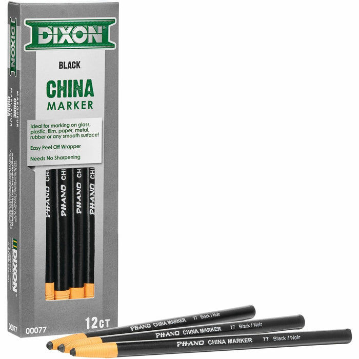 Dixon Industrial Phano Nontoxic China Markers - Black Lead - Black Barrel - 12 / Dozen