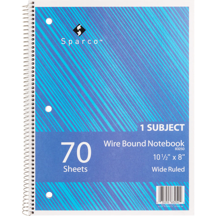 Sparco Quality 3HP Notebook - 1 Subject(s) - 70 Sheets - Wire Bound - Wide Ruled Front Ruling - Unruled Margin - 16 lb Basis Weight - 8" x 10 1/2" Sheet Size - Bright White Paper - Assorted Chipboard Cover - Bleed Resistant, Stiff-cover - 1 Each