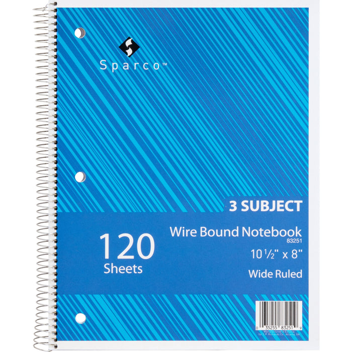 Sparco Quality 3HP Notebook - 3 Subject(s) - 120 Sheets - Wire Bound - Wide Ruled Front Ruling - Unruled Margin - 16 lb Basis Weight - 8" x 10 1/2" Sheet Size - Bright White Paper - Assorted Chipboard Cover - Bleed Resistant, Stiff-cover - 1 Each