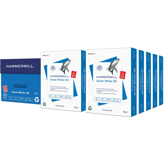Hammermill Great White 3HP Recycled Copy Paper - White - 3-Hole Punched - 92 Brightness - Letter - 8 1/2" x 11" - 20 lb Basis Weight - Acid-free, Moisture Resistant, Pre-punched, Archival-safe, Jam-free - White - 500 Sheets per Ream - 10 / Carton