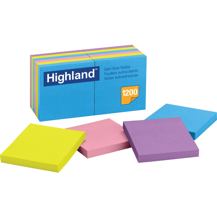 Highland Self-Sticking Notepads - Bright Colors - 1200 - 3" Flag/Note Width x 3" Flag/Note Length - Square - 100 Sheets per Pad - Unruled - Bright Assorted - Paper - Self-adhesive, Repositionable, Removable - 12 / Pack