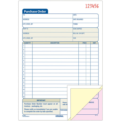Adams 3-Part Carbonless Purchase Order Forms - 3 Part - Carbonless Copy - 5.56" x 8.43" Sheet Size - Blue, White - 1 Each