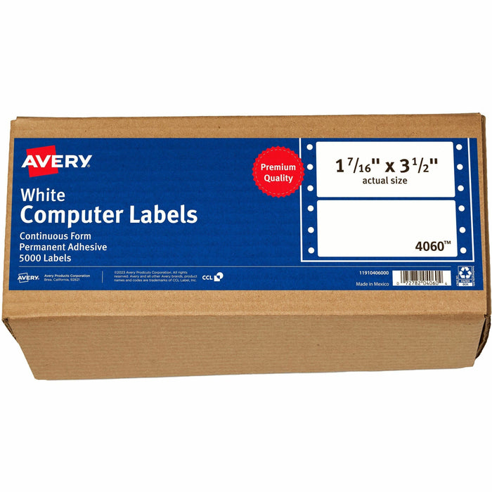 Avery® Pin Feed Label - 3 1/2" Height - Permanent Adhesive - Rectangle - Dot Matrix - White - 1 / Sheet - 5000 Total Label(s) - 1 Carton