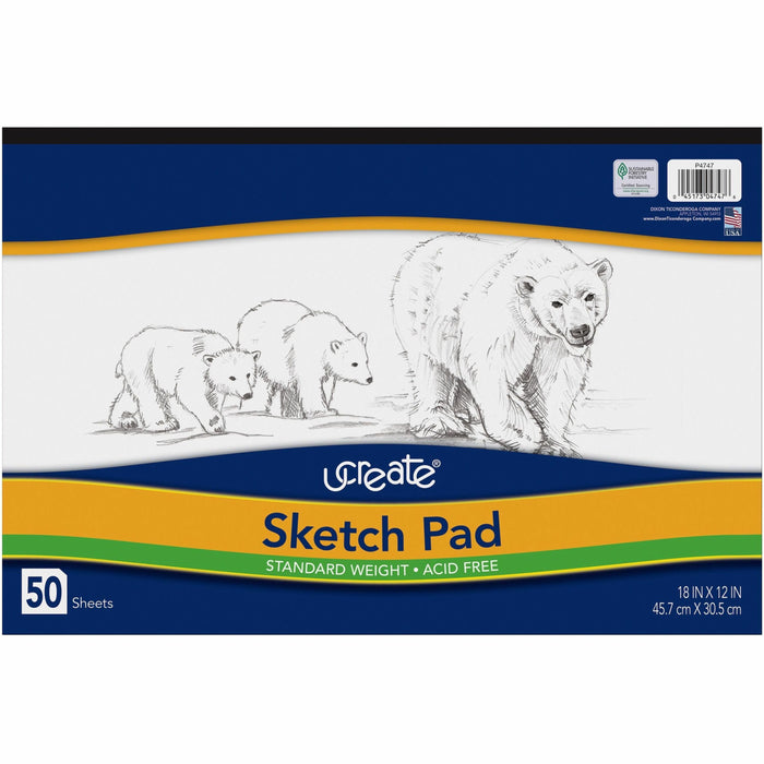 UCreate Medium Weight Sketch Pads - 50 Sheets - 18" x 12" Sheet Size - White Paper - Mediumweight, Acid-free - Recycled - 1 Pad