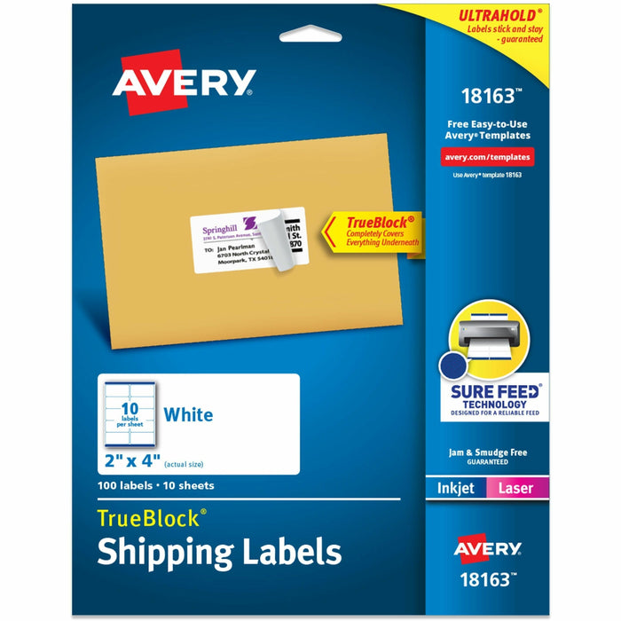Avery® Shipping Labels, Sure Feed, 2" x 4" , 100 Labels (18163) - x 2" Width x 4" Length - Permanent Adhesive - Rectangle - Inkjet, Laser - Matte - White - Paper - 10 / Sheet - 10 Total Sheets - 100 Total Label(s) - For Label Printer - 100 / Pack