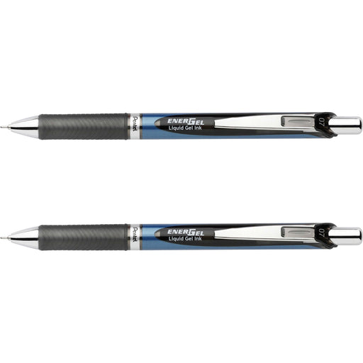 Pentel EnerGel RTX Liquid Gel Pens - 0.7 mm Medium Needle Pen Point - Refillable - Retractable - Black Ink - Gel-based - Blue Barrel - Stainless Steel Tip - 2 / Pack