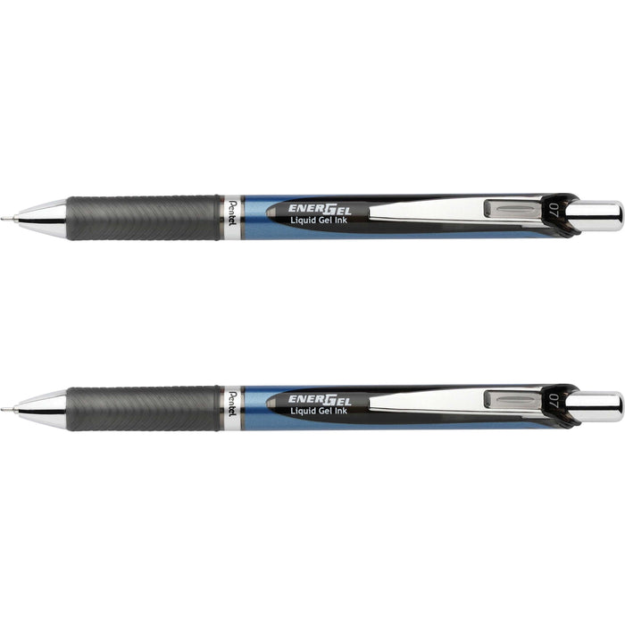 Pentel EnerGel RTX Liquid Gel Pens - 0.7 mm Medium Needle Pen Point - Refillable - Retractable - Black Ink - Gel-based - Blue Barrel - Stainless Steel Tip - 2 / Pack