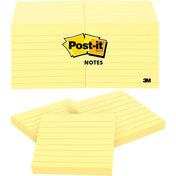 Post-it® Notes Original Lined Notepads - 1200 - 3" Flag/Note Width x 3" Flag/Note Length - Square - 100 Sheets per Pad - Ruled - Yellow - Paper - Removable - 1 Pack