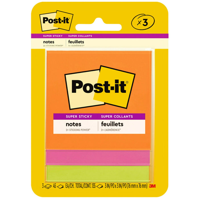 Post-it® Super Sticky Note Pads - Energy Boost Color Collection - 135 - 3" Flag/Note Width x 3" Flag/Note Length - Square - 45 Sheets per Pad - Unruled - Vital Orange, Tropical Pink, Limeade - Paper - Self-adhesive - 1 Pack