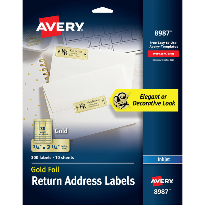 Avery® Foil Mailing Labels - 3/4" Height x 2 1/4" Width - Permanent Adhesive - Rectangle - Inkjet - Gold - Paper, Foil - 30 / Sheet - 10 Total Sheets - 1500 Total Label(s) - 300/Pack - 5 / Carton
