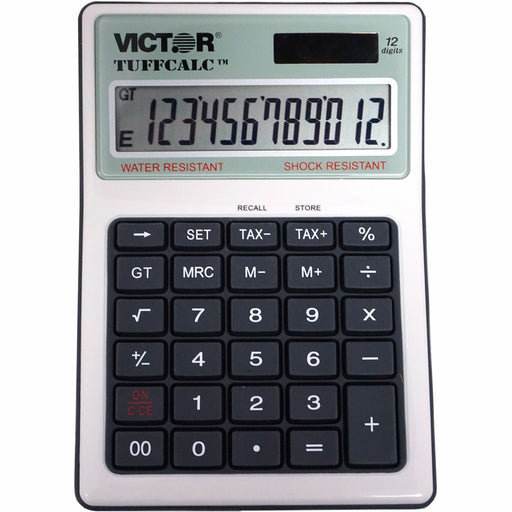 Victor 99901 TuffCalc Calculator - Extra Large Display, Angled Display, Water Proof, Shock Resistant, Battery Backup, 3-Key Memory, Independent Memory, Dual Power, Washable - Battery/Solar Powered - 1.8" Height x 4.6" Width x 6.5" Depth - White - 1 Each