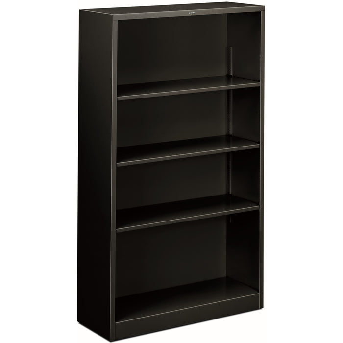 HON Brigade Steel Bookcase - 4 Shelf(ves) - 59" Height x 34.50" Width x 12.62" Depth - Adjustable Shelf, Reinforced, Welded, Durable, Compact - 30% Recycled - Black - Steel - 1 Each