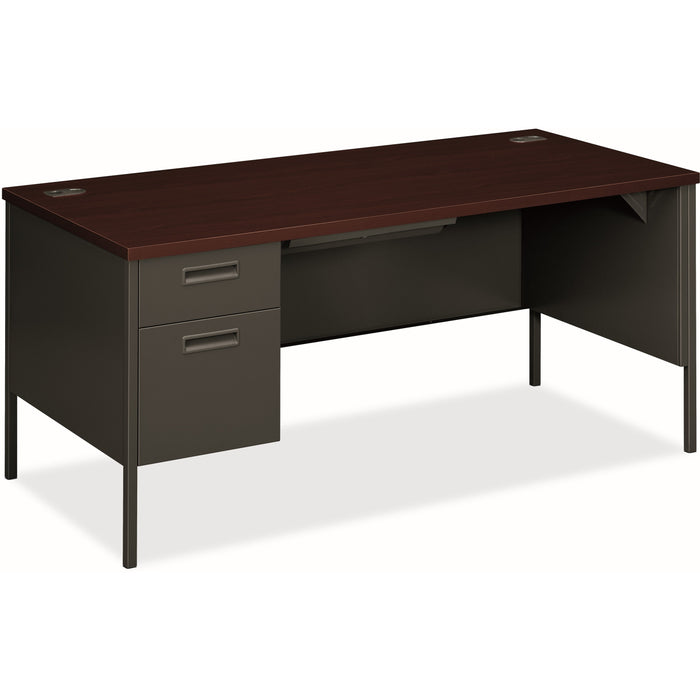 HON Metro Pedestal Desk - Rectangle - 29.5" Height x 66" Width x 30" Depth, 1" Thickness Top - Total Drawer(s): 2 - Double Pedestal on Left Side - Material: Steel - Finish: Mahogany Laminate, Charcoal - Impact Resistant, Durable, Sturdy, Recessed Handle,