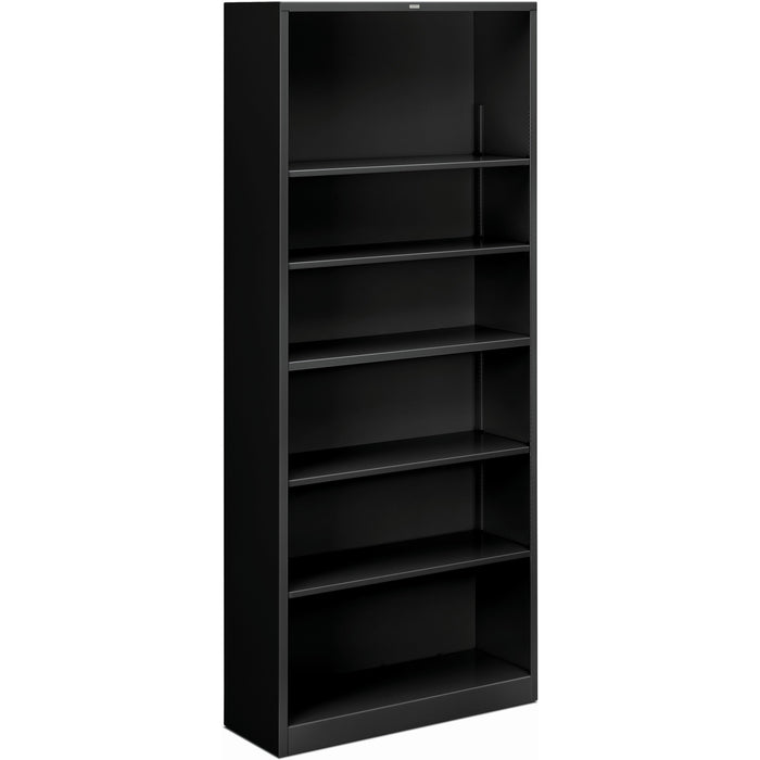 HON Brigade Steel Bookcase - 6 Shelf(ves) - 81.13" Height x 34.50" Width x 12.62" Depth - Adjustable Shelf, Reinforced, Welded, Durable, Compact - 30% Recycled - Black - Steel - 1 Each