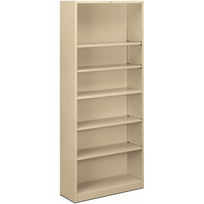 HON Brigade Steel Bookcase - 6 Shelf(ves) - 81.13" Height x 34.50" Width x 12.62" Depth - Adjustable Shelf, Reinforced, Welded, Durable, Compact - 30% Recycled - Putty - Steel - 1 Each