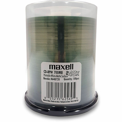 Maxell PW700 CD Recordable Media - CD-R - 48x - 700 MB - 100 / Pack - Matte White - 120mm - Single-layer - Printable - Inkjet, Thermal Print Technology - 1.33 Hour Maximum Recording Time